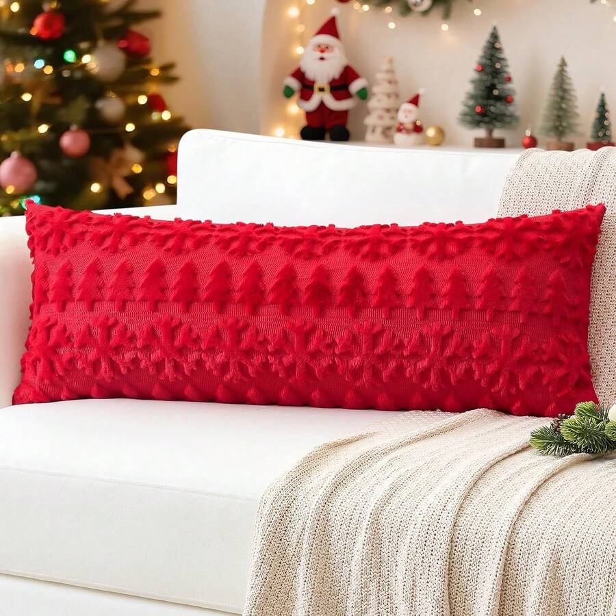 1pc Textured Christmas Tree & Snowflake Pattern Throw Pillow Cover, Plush Jacquard Knit Cushion Case, Christmas Holiday Sofa Home Decor Pillowcase, Without Pillow Insert, 18X18 Red - Red Tree - View 1