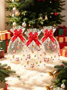 10pcs/Clear Merry Christmas Plastic Gift Bags With Red Satin Ribbon Bow, Christmas Holiday Gift Packaging Supplies, Empty Bags, No Internal Items - Multicolor - View 4