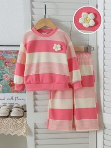 2pcs Baby Girl Sweet Energetic Style 3D Knitted Flower Decor Striped Crew Neck Long Sleeve Sweatshirt & Matching Straight Leg Pants Set, Spring/Autumn - Watermelon Pink - View 4