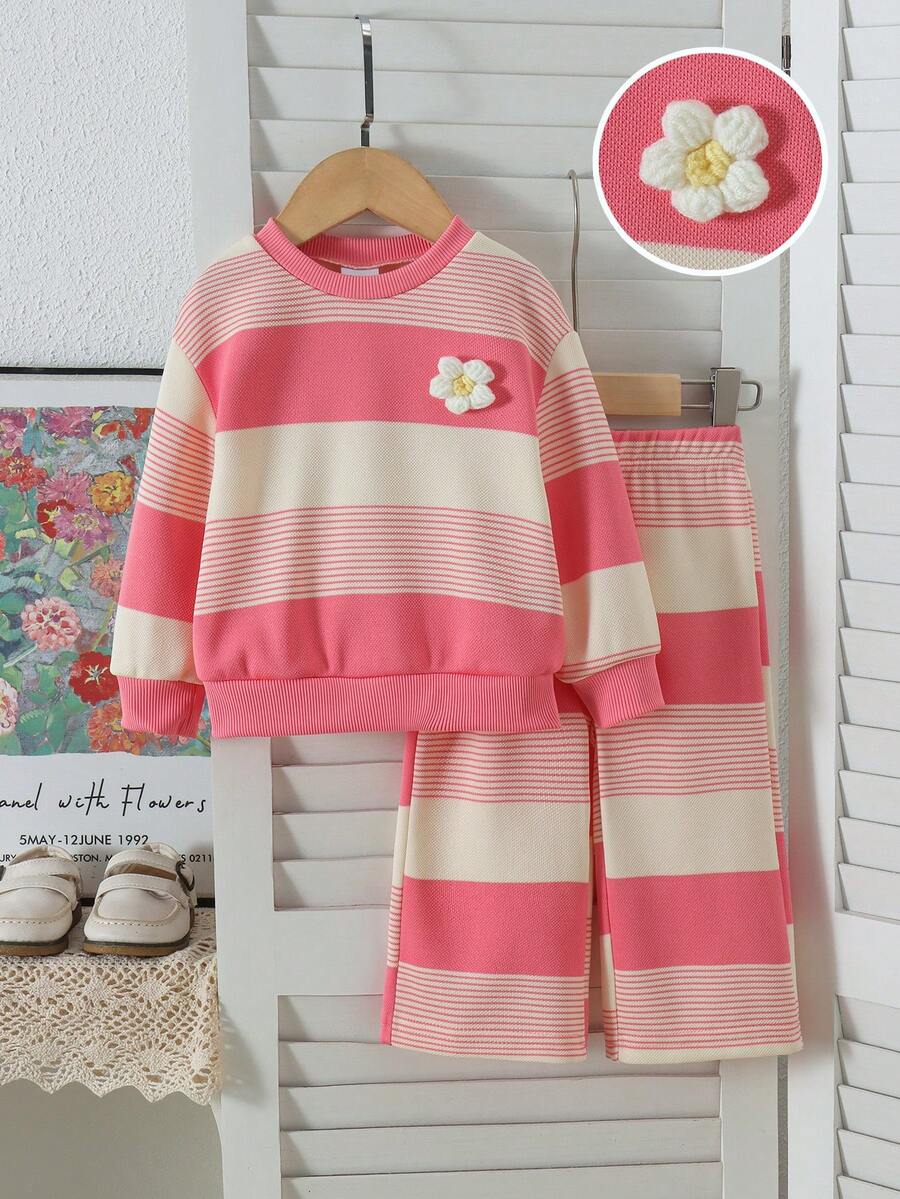 2pcs Baby Girl Sweet Energetic Style 3D Knitted Flower Decor Striped Crew Neck Long Sleeve Sweatshirt & Matching Straight Leg Pants Set, Spring/Autumn - Watermelon Pink - View 1