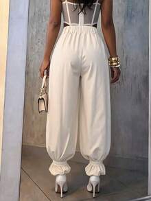 Fashion Women's Long Polyester Wide Leg Joggers With Button And Zipper Details, Suitable For Holiday Wear - Apricot - View 2