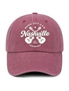 1pc Vintage Nashville EST 1804 Dad Hat, Crossed Guitar Print Washed Distressed Baseball Cap, Casual Sun Hat For Country Music Fans Travel - A - View 5