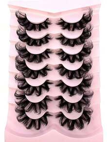 New 7 Pairs Russian Classic Cat Eye Faux Mink False Eyelashes, Natural DD Curl Fluffy Style, Cross Long Dense Faux Mink Strip Lashes, Create Natural Makeup Look - Black - View 3