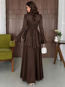 Gaun Panjang Elegan Wanita dengan Lengan Mengembang Berumbai - Coklat - View 5