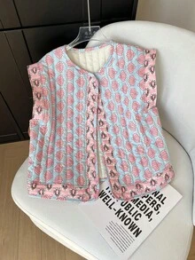 GMFP 女款夏秋休閒優雅時尚寬鬆印花拼接粉色開襟背心，適合六月節慶與度假季節 - 淺粉色 - 查看 5