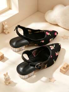 Girls' Floral Embroidered Pointed Toe Slingback High Heels, Transparent Crystal Chunky Heel, Adjustable Gold Buckle Strap, Wedding, Banquet, Birthday Party Formal Dress Shoes - Black - View 9