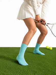 5 Pairs Random Women Solid Vertical Rib Crew Tennis Slouch Socks, MultiColor Ribbed Texture, High Stretch Cushion Wear‑Resistant Washable Ins American - Multicolor - View 5