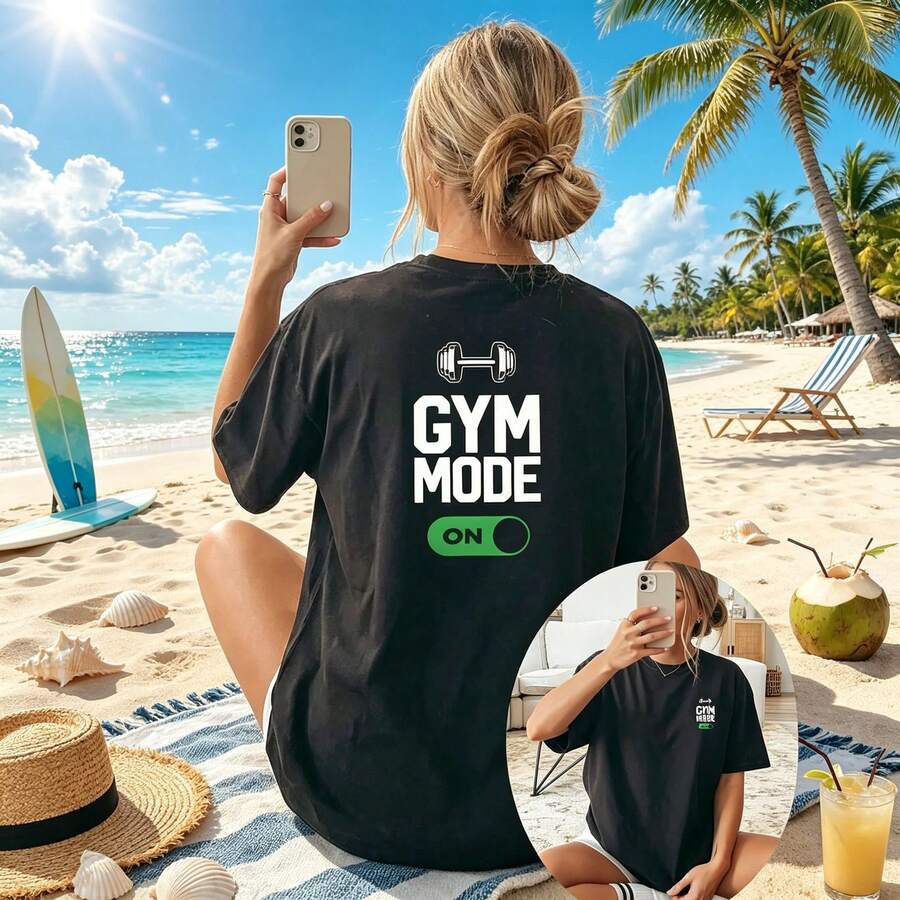 New Summer 2026 Collection, [Double-Sided Print] With Dumbbell Pattern And "GYM MODE" Text Print, Short-Sleeved Round-Neck Casual Top, Suitable For Wo - Black - View 1