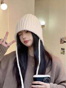 Japanese Style Knitted Knitted Ear-Protective Beanie Hat For Women, Autumn/Winter Retro Drawstring Slouchy Hat, Soft Warm Windproof Cold Weather Cap, Face-Slimming Minimalist Pullover Hat - Multicolor - View 3