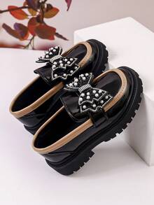 Girls' Black Shiny Loafers, Autumn Pearl Rhinestone Bow Thick Sole Slip-On Princess Shoes - Black - View 3