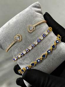 1/4Pcs Vintage Evil Eye Copper Bracelet With Evil Eye Oil-Drip Copper Bracelet And Five-Leaf Flower Stainless Steel 18K Gold Plated Waterproof Bracelet With Friendship Cord, Hip-Hop Personalized Women's Jewelry Set, Suitable For Women's Daily Wear, Parties And Music Festivals - Gold - View 2