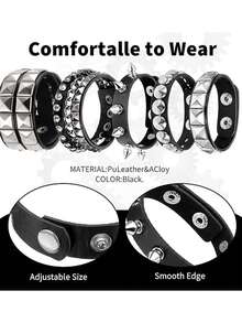 Xiacheng 1Set Punk Rock Studded Bracelet, Biker Cuff | Black Leather, Adjustable Leather Cuff,Y2K Gothic Punk Rock, Wrap Bangle, Snap Button For Halloween - Multicolor - View 3