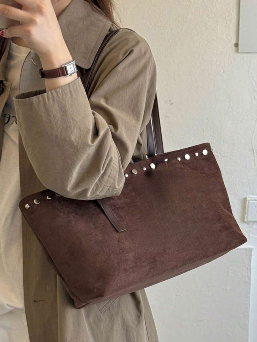 2026 Spring New Coffee Brown & Black Suede Vintage Large Capacity Business Commute Women's Shoulder Underarm Bag
