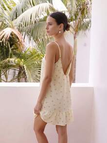Women's Yellow Floral Print Lace Patchwork Cute Casual Loose Backless Ruffle Hem Short Camisole Dress Nightgown - Yellow - View 7