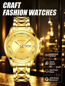 SUNKTA LIGE Men's Fashion Brand Watch Luminous Date Quartz Watch Water-Resistant Stainless Steel Band Luxury Minimalist Watch For Men - Gold - View 1