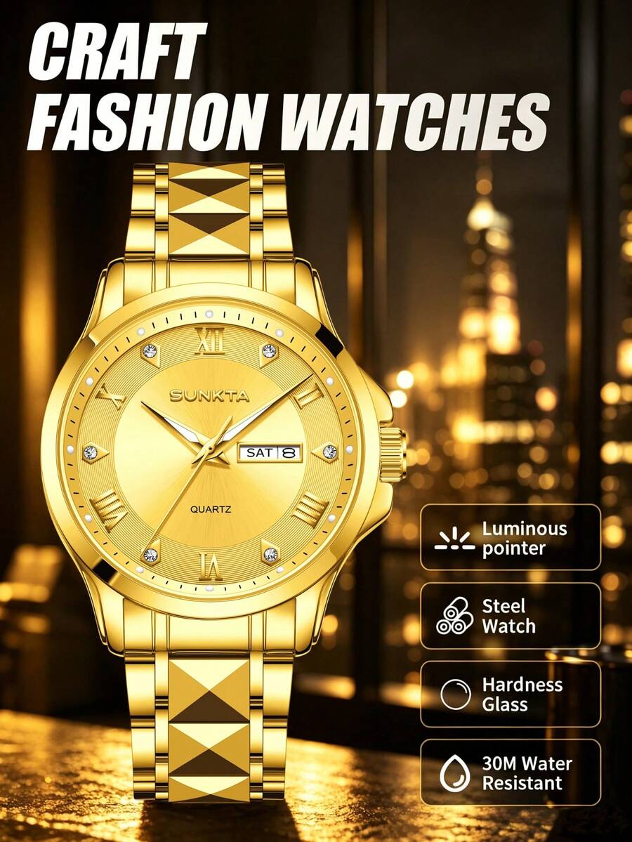 SUNKTA LIGE Men's Fashion Brand Watch Luminous Date Quartz Watch Water-Resistant Stainless Steel Band Luxury Minimalist Watch For Men - Gold - View 1