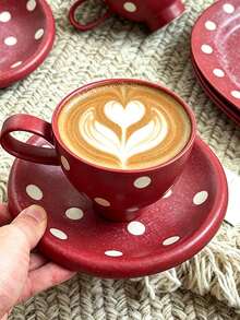 Vintage Polka Dot Distressed Design Coffee Cup And Saucer, Office Afternoon Tea Cup, Glazed Ceramic Breakfast Milk Mug - Burgundy - View 1