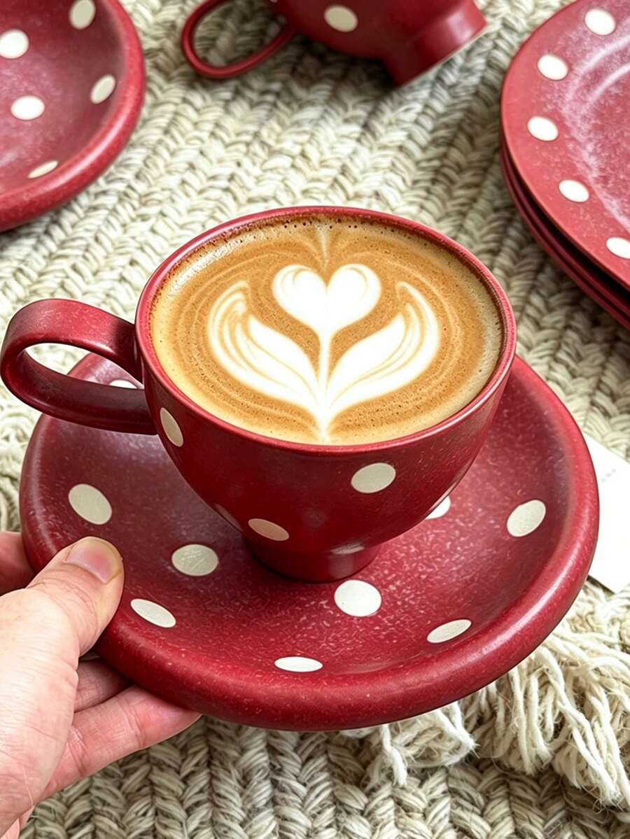 Vintage Polka Dot Distressed Design Coffee Cup And Saucer, Office Afternoon Tea Cup, Glazed Ceramic Breakfast Milk Mug - Burgundy - View 1