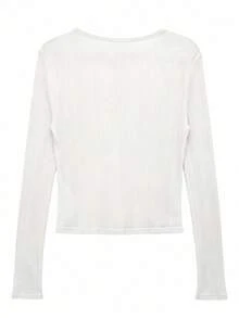 Korean Style Minimalist Round Neck Single-Breasted Long Sleeve Cardigan Top - White - View 3