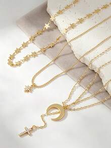 3pcs Star & Moon Shaped With Cross Pendant Necklace Set, Multi-Layer Stackable, Suitable For Women's Daily Wear, Dates, Parties And Gatherings - Yellow Gold - View 3