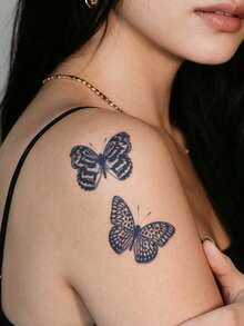 Herbal Juice Semi-Permanent Tattoo Stickers, 8 Butterfly Designs, 14 Days Fade-Resistant Shoulder Neck Collarbone Wrist Ankle DIY Festival Party Gift Body Tattoo Sticker 1pc/Pack - Blue - View 4