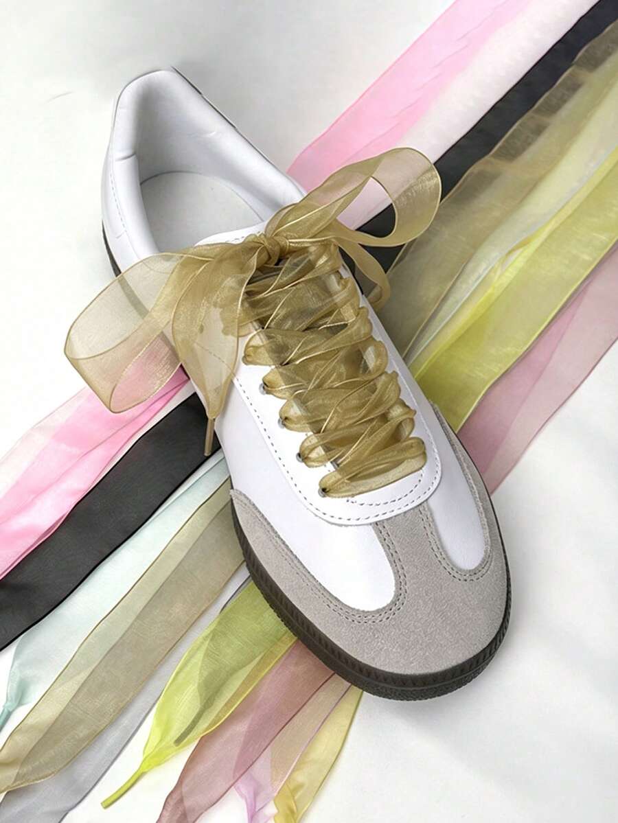 2.5cm Wide Flat Sneakers Replacement Shoelaces, Solid Color Lace Shoelace Accessories With Ballet Style Bow Decoration - Multicolor - View 1