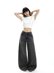 1pc American Street Fashion Women Rhinestone Denim Jeans Loose Comfortable Wide Leg Pants All Season Versatile Denim Long Pants (This Product Does Not Include Belt/Accessories) - Black - View 8