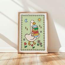 1pc Frameless Silly Goose Reading Book Rustic Farm Animal Cute Wall Art Canvas Poster For Kids Room Bedroom Dorm Back To School Gift - Multi-color - View 1