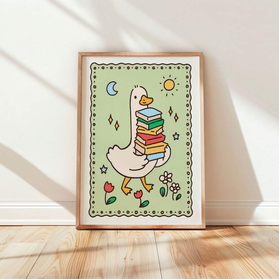 1pc Frameless Silly Goose Reading Book Rustic Farm Animal Cute Wall Art Canvas Poster For Kids Room Bedroom Dorm Back To School Gift - Multi-color - View 1