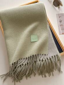 1pc Solid Color Faux Leather Label Tasseled Thick Scarf 65*190cm, Polyester Wool Blend, Fall Winter Shawl For Travel Party Outing, Wear As Scarf Shawl - Multicolor - View 45
