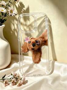 Clear Bubble Phone Case, Cute Cocker Spaniel Puppy With Pink Lily Print, Cartoon Dog Design, Transparent Soft Shockproof Cover, Adorable Gift - Multicolor - View 1