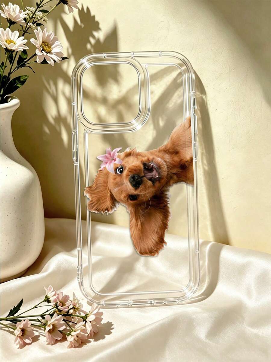 Clear Bubble Phone Case, Cute Cocker Spaniel Puppy With Pink Lily Print, Cartoon Dog Design, Transparent Soft Shockproof Cover, Adorable Gift - Multicolor - View 1