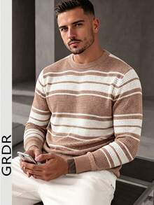 GRDR Men's Striped Colorblock Hollow Knit Sweater - Fashionable Minimalist Long Sleeve Pullover - Apricot - View 7