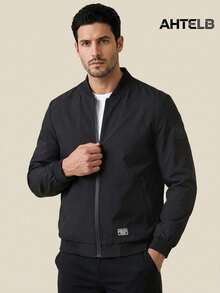 Jaket Kerah Baseball Pria AHTELB, Dua Kantong Resleting, Hitam Sporty, Musim Semi/Gugur - Hitam - View 1