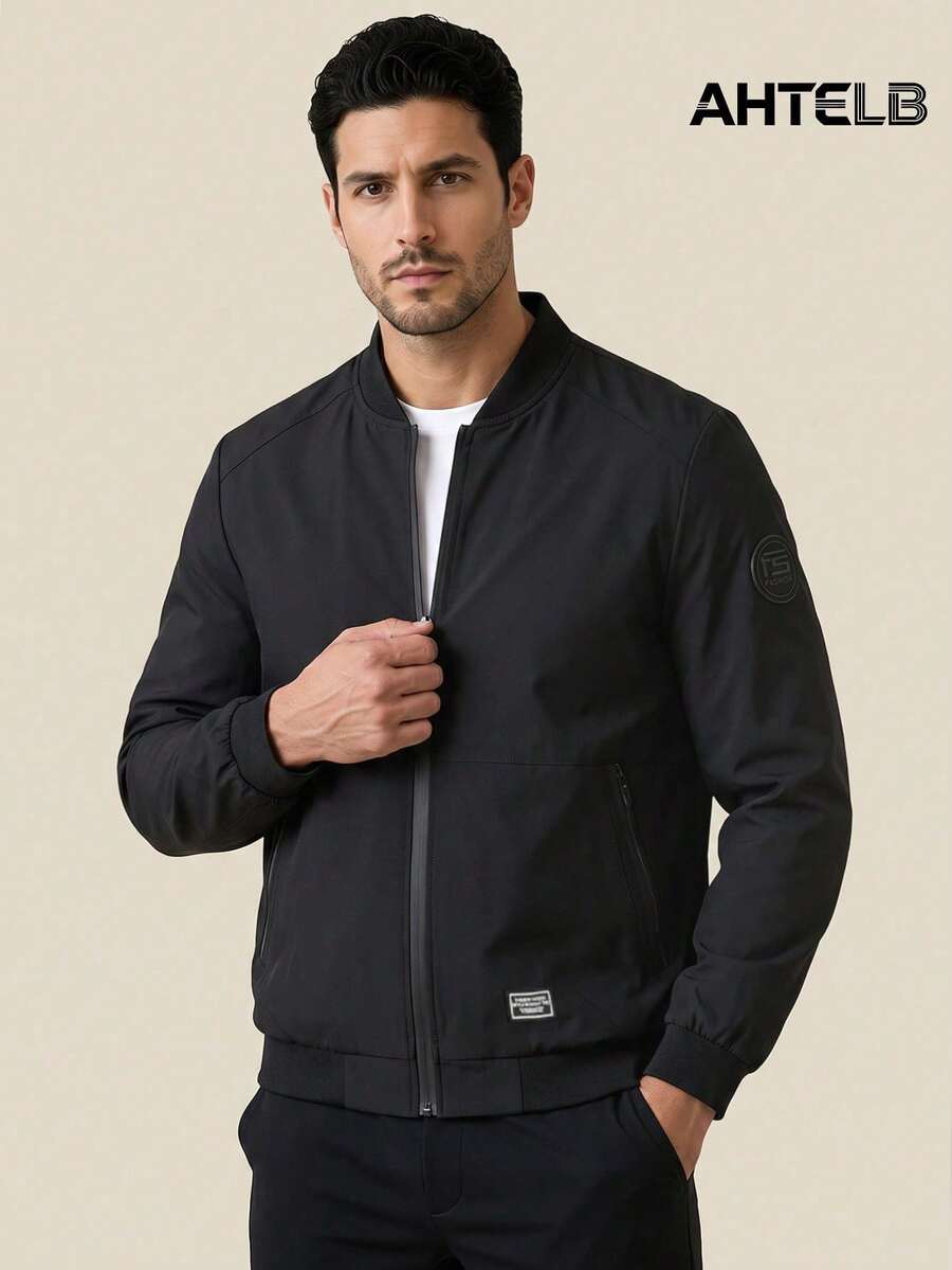Jaket Kerah Baseball Pria AHTELB, Dua Kantong Resleting, Hitam Sporty, Musim Semi/Gugur - Hitam - View 1