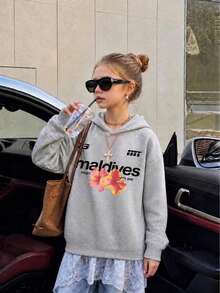 1pc Tween Girls Floral Maldives Letter Sweatshirt, Sweet Gentle Pink Pullover Top, Casual Loose Long Sleeve Sweatshirt For Spring And Autumn, Versatile For Outings - Grey - View 2