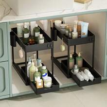 1pc Sink Organizer, Black/White, With Drawers, Suitable For Bathroom And Kitchen Cabinet Storage Baskets, Pull-Out Multi-Functional ABS Plastic Shelf, Home Organization Rack, Suitable For Small Spaces. - Multicolor - View 2