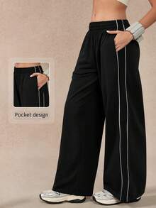 TimeOff Women's 1pc Colorblock Side Vertical Stripe Side Pocket Elastic Waist Wide Leg Pants - Black - View 11