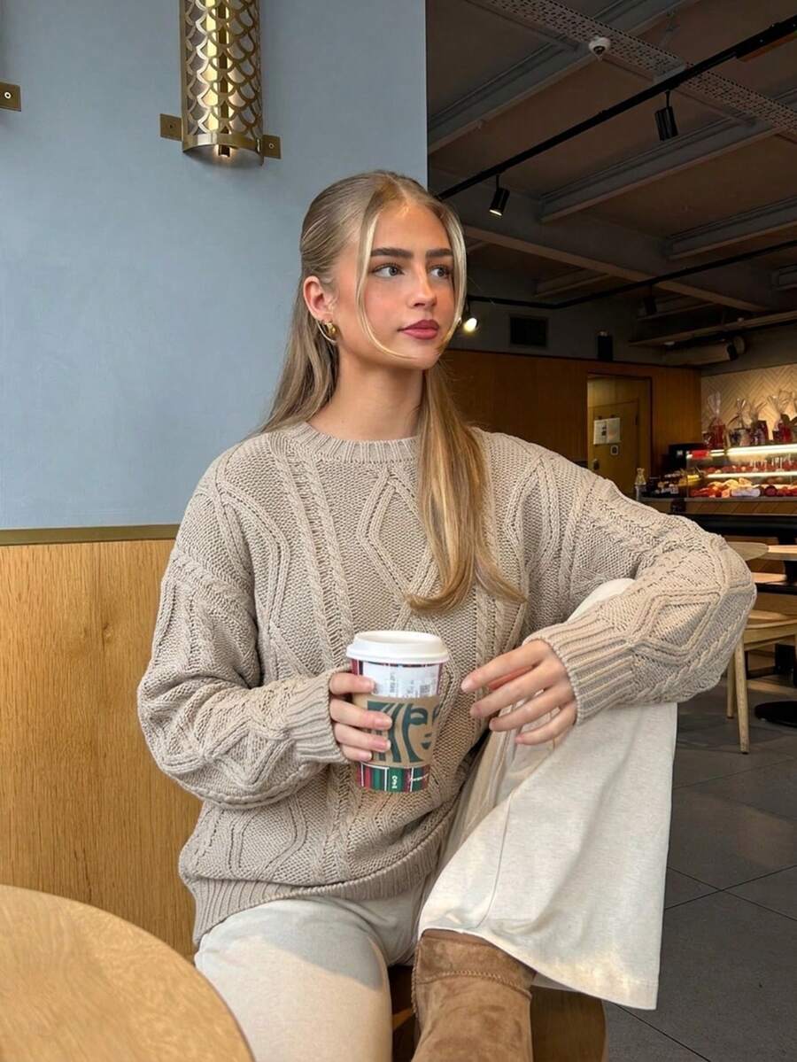 Women's Ribbed Knit Long Sleeve Argyle Pattern Pullover Sweater Regular Fit High Elastic Fabric Autumn Fashion - Khaki - View 1