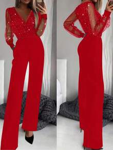 Women's Sexy Black Sequin Mesh Jumpsuit With Deep V-Neck Spring Elegant - Red - View 1