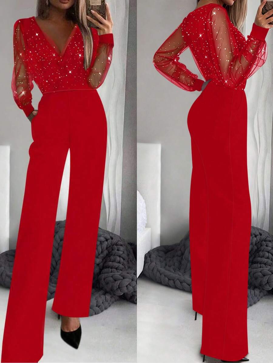 Women's Sexy Black Sequin Mesh Jumpsuit With Deep V-Neck Spring Elegant - Red - View 1