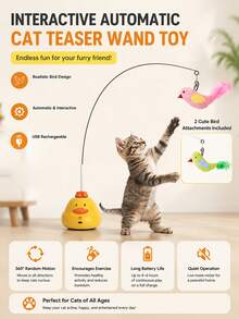 Interactive Automatic Cat Teaser Wand Toy With Chirping Sound And Artificial Bird Bell, Flexible Wire & DIY Bending Design, Rechargeable Cat Exercise Toy For Indoor Cats Stimulating Kitty Toys With Strong Suction Cup - Yellow - View 1