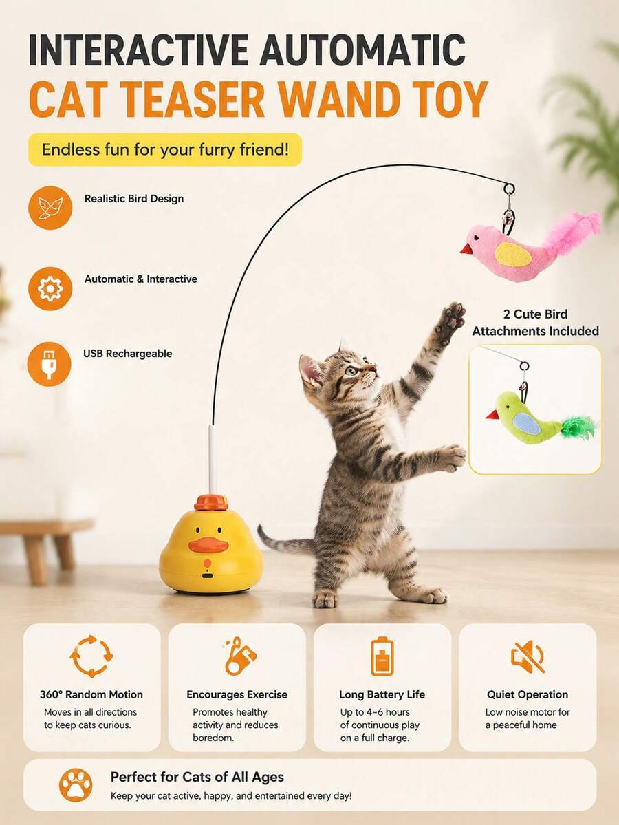 Interactive Automatic Cat Teaser Wand Toy With Chirping Sound And Artificial Bird Bell, Flexible Wire & DIY Bending Design, Rechargeable Cat Exercise Toy For Indoor Cats Stimulating Kitty Toys With Strong Suction Cup - Yellow - View 1