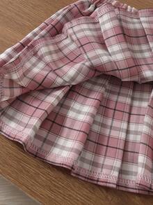 3pcs Baby Girl Sweet Academic Style Apricot Fuzzy Vest + White Base Layer + Plaid Skirt Set, Autumn/Winter - White - View 10
