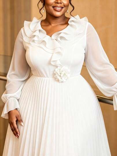 Plus Size Women White Elegant Chiffon Pleated Dress With Ruffle Tiered Waist Floral Long Petal Sleeve Swing For Wedding Guest Prom Party Gown