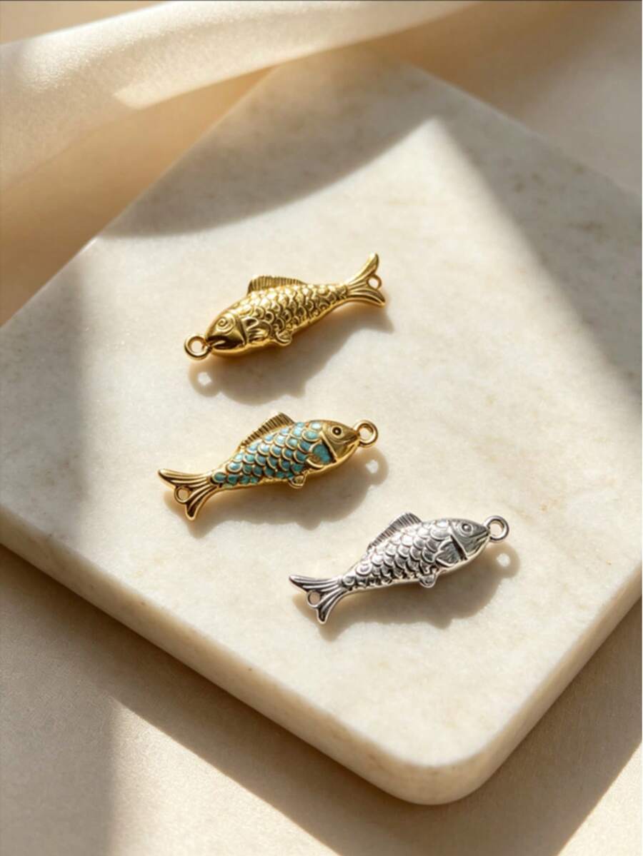 2pcs Vintage Gold-Plated Koi Fish Pendant, Double Ring Metal Fish Charm, Suitable For DIY Earrings, Bracelets, Necklaces Handmade Jewelry Accessories - Gold - View 1