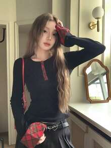 女款春季格紋拼接長袖內搭修身顯瘦針織上衣夏季服飾 - 黑色 - 查看 1