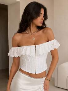 Apperlothpop White Cold Shoulder Ruffle Lace Corset Top, Hollow Embroidery, Front Button, Boned, Halloween Romantic Dinner Party Halloween Outfit - White - View 3