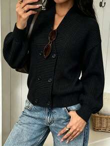 Autumn/Winter Design Stand Collar Button Front Cardigan, Elegant Casual Style Lantern Sleeve Loose Fit Versatile Knit Sweater Jacket - Black - View 6