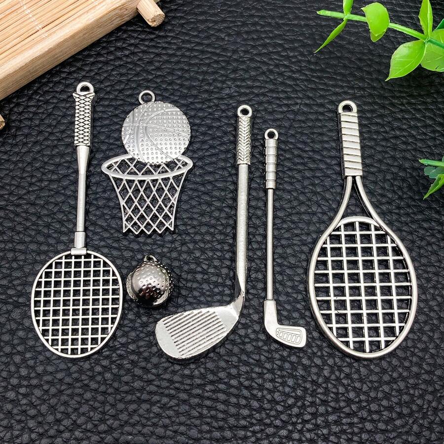 2/6pcs Sports Charms Badminton Racket Tennis Racket Golf Club Basketball Ball Pendants For DIY Bracelet Earring Necklace Jewelry Making Supplies - Silver - View 1